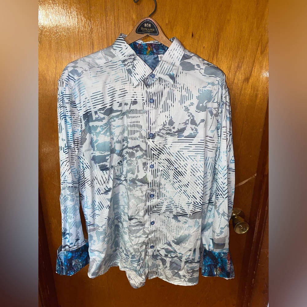 Robert Graham Men’s Casual Button Down Shirt 3XL Blue/White w/ Floral Cuff